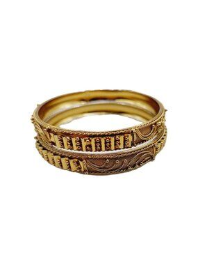 Gold Tone Bangle Bracelet Ornate Scroll and Mesh Set Of 2